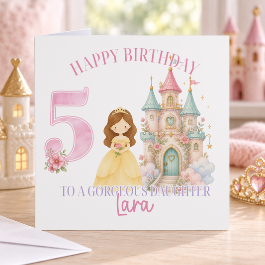 Personalised Princess Castle Birthday Card, Any Age, Name & Relation, 6x6 Inch