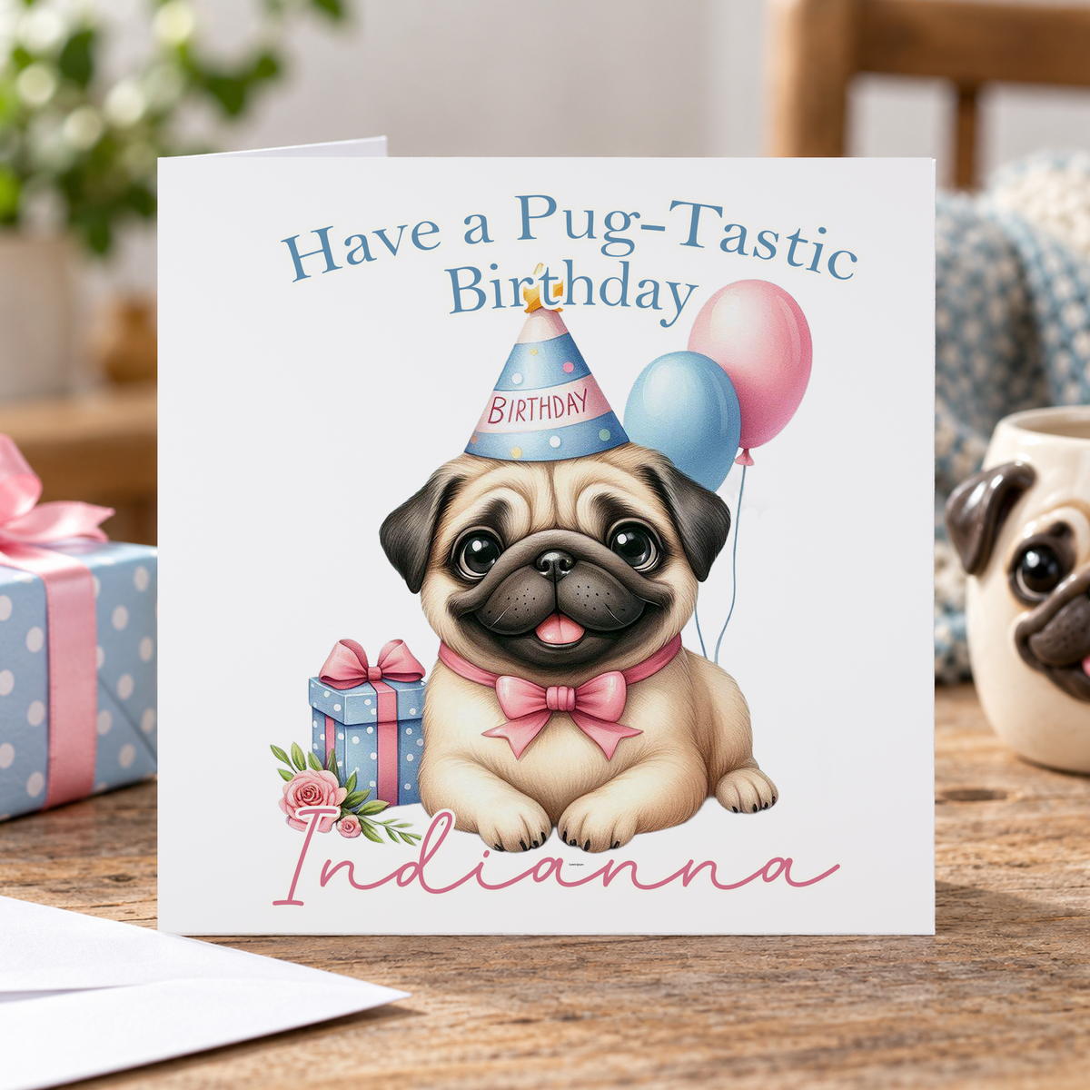 Personalised Pug Birthday Card, Pug-tastic Birthday, Any Name, 6x6 Inch