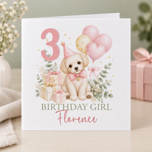 Personalised Puppy and Balloons Birthday Card, Any Age & Name, 6x6 Inch