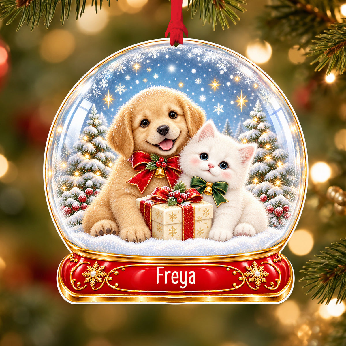 Personalised puppy and kitten acrylic snow globe Christmas bauble with custom name, hanging on a Christmas tree with red ribbon