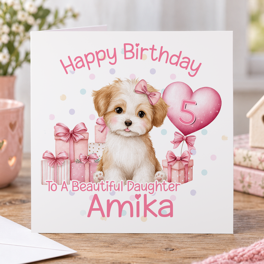 Personalised Puppy Birthday Card – Pink Design for Her