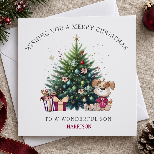 Personalised Puppy Christmas Card for Son – Puppy by the Christmas Tree, 6x6