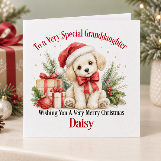 Personalised Puppy Christmas Card – Two Puppies in Santa Hats, Granddaughter 6x6