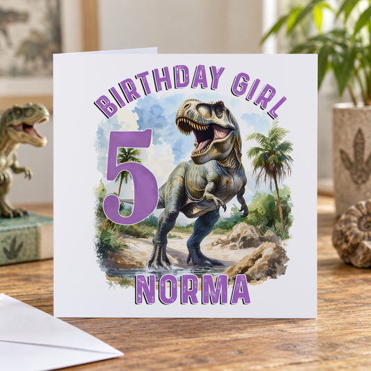 Personalised Purple T-Rex Birthday Card for Girls – Birthday Girl Dinosaur, Ages 1-10