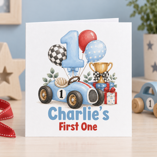 Personalised Racing Car 1st Birthday Card, ‘Name’s First One’, 6x6 Inch