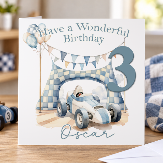 Personalised Racing Car Birthday Card – 6x6" Square Card for Boys