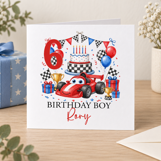 Personalised Racing Car Birthday Card for Boys, Any Age & Name, 6x6