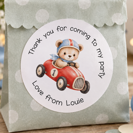 Personalised Racing Car Stickers – Teddy Bear Race Design