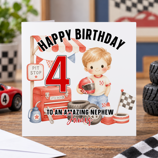 Personalised Racing Driver Card – Race Car Birthday Card for Boys Age 1-9