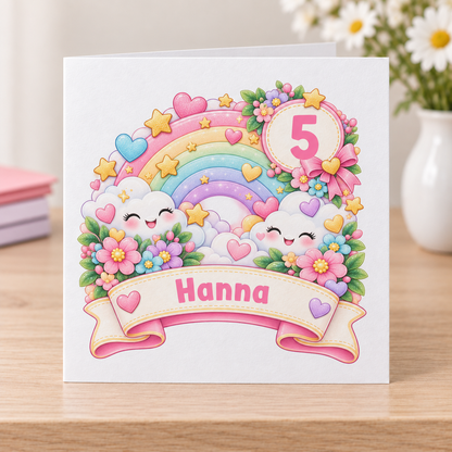 Personalised Rainbow Birthday Card, Any Age & Name, 6x6 Inch