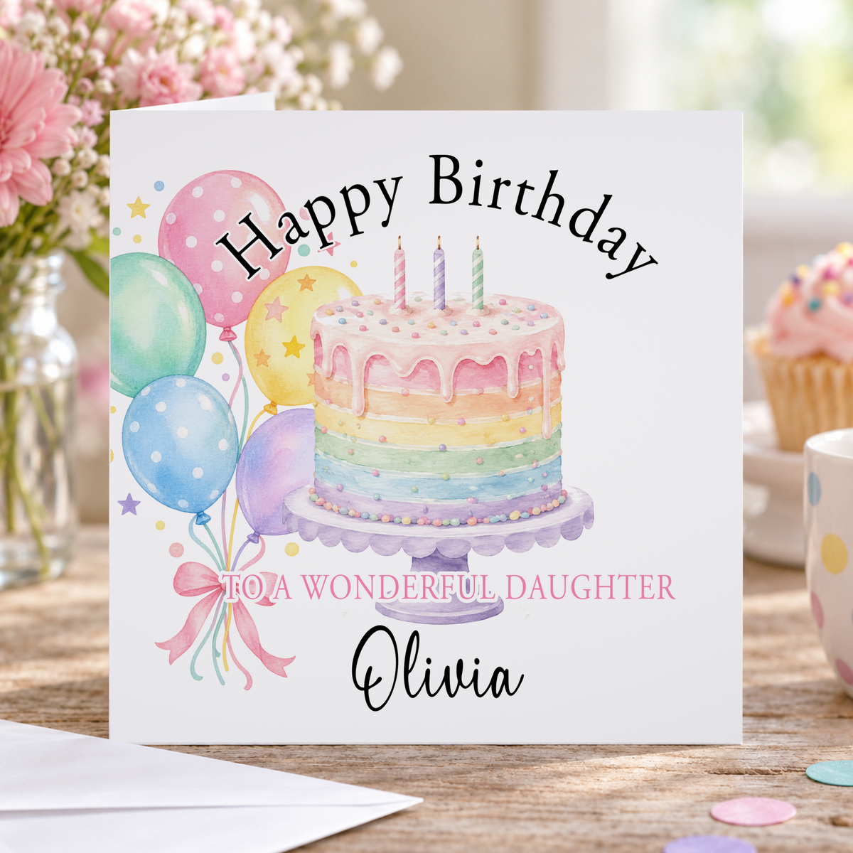 Personalised Rainbow Cake Birthday Card, Any Name & Relation, 6x6 Inch