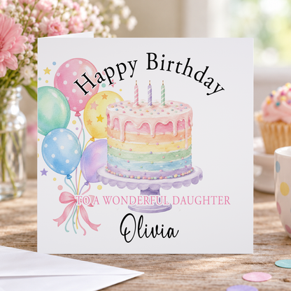Personalised Rainbow Cake Birthday Card, Any Name & Relation, 6x6 Inch