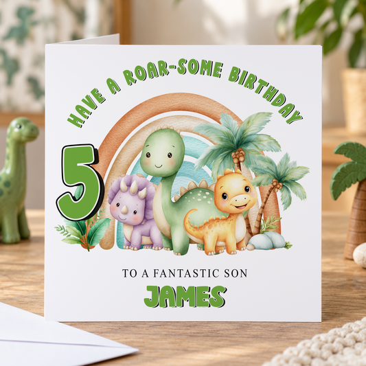 Personalised Rainbow Dinosaur Birthday Card