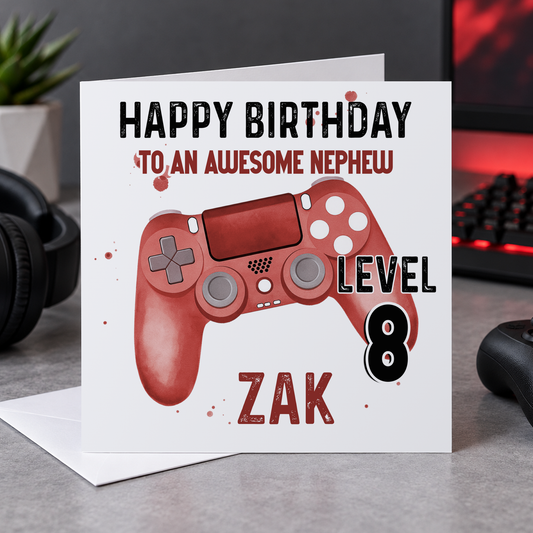 Personalised Red Gamer Controller Birthday Card – Custom Name, Age & Relation