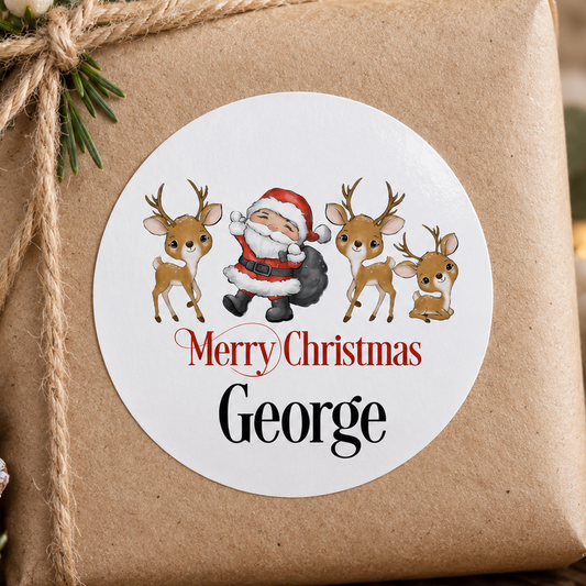 Personalised Reindeer Christmas Stickers – Custom Name Round Gift Labels