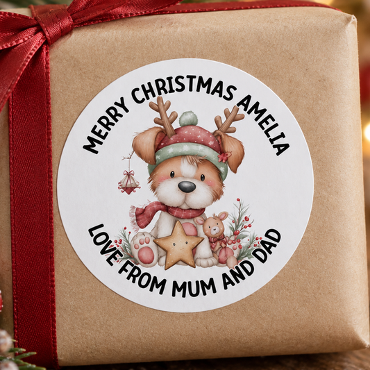 Personalised Reindeer Pup Christmas Stickers – Festive Round Gift Labels, Custom Name