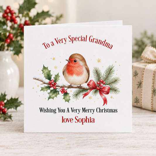 Personalised Robin Christmas Card for Grandma – Holly, Berries & Red Bows, 6x6