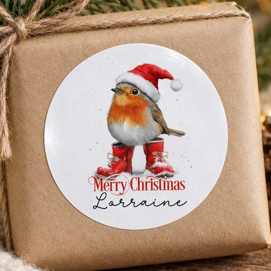 Personalised Robin Christmas Stickers – Custom Name Gift Labels with Santa Hat Robin Design