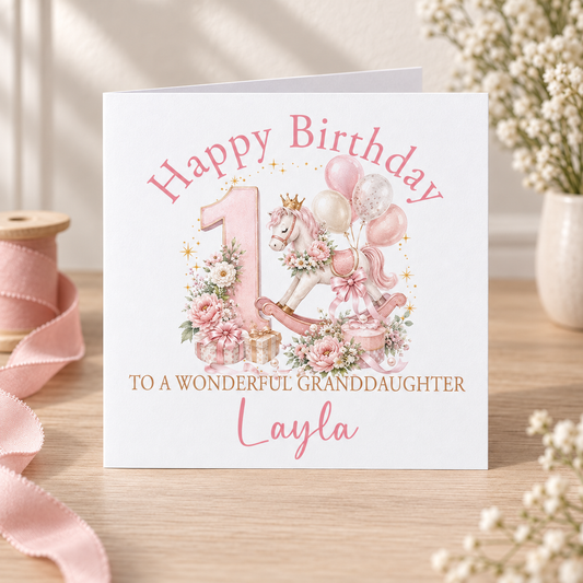 Personalised Rocking Horse 1st Birthday Card, For Granddaughter Any Relation