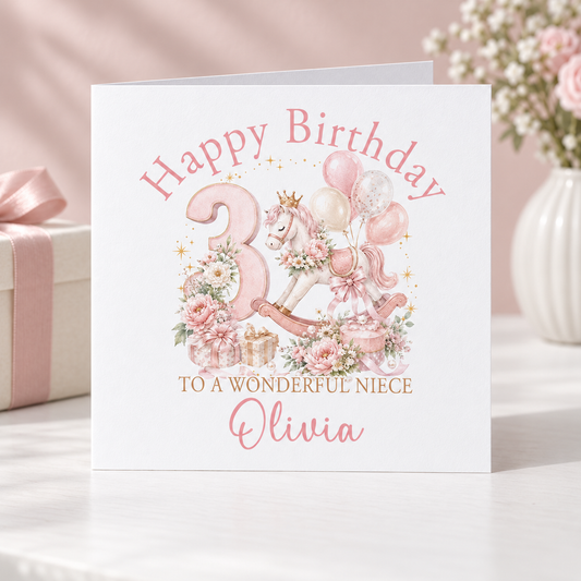 Personalised Rocking Horse Birthday Card, Any Age, Name & Relation