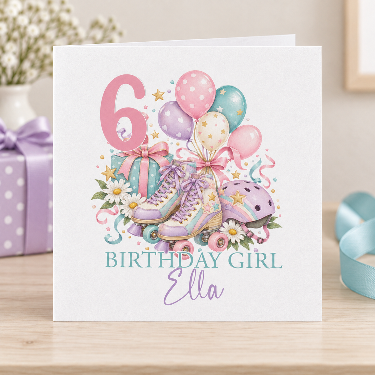 Personalised Roller Skates Birthday Card, Any Age & Name, 6x6 Inch