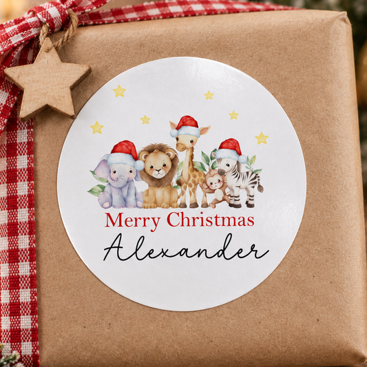 Personalised Safari Animal Christmas Stickers – Baby's First Christmas Keepsake Gift Labels, Custom Name