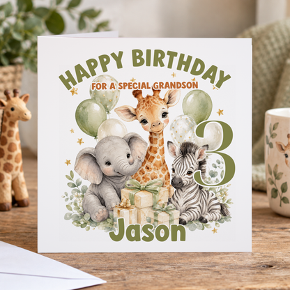 Personalised Safari Animals Birthday Card, Any Age, Name & Relation, 6x6 Inch