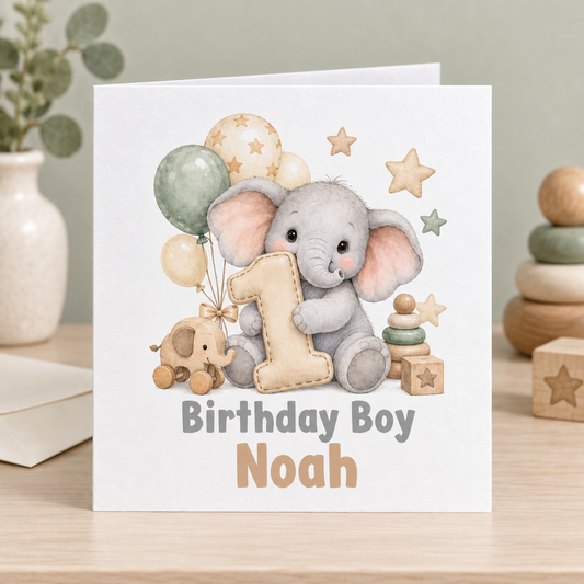 Personalised Sage Elephant 1st Birthday Card, Birthday Boy Name, 6x6 Inch