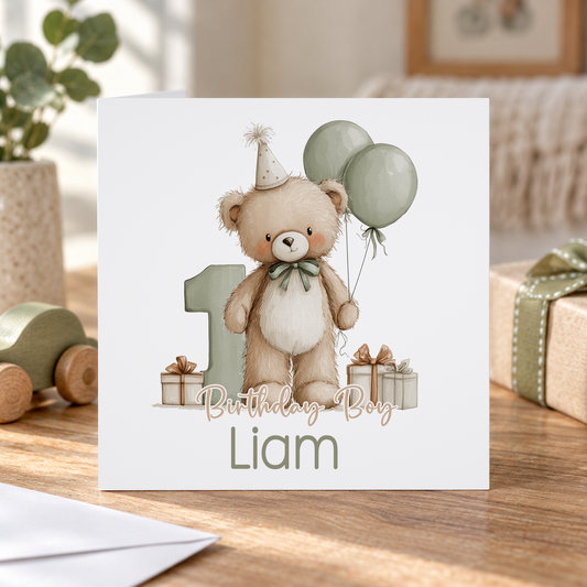 Personalised Sage Teddy 1st Birthday Card, Any Name, 6x6 Inch