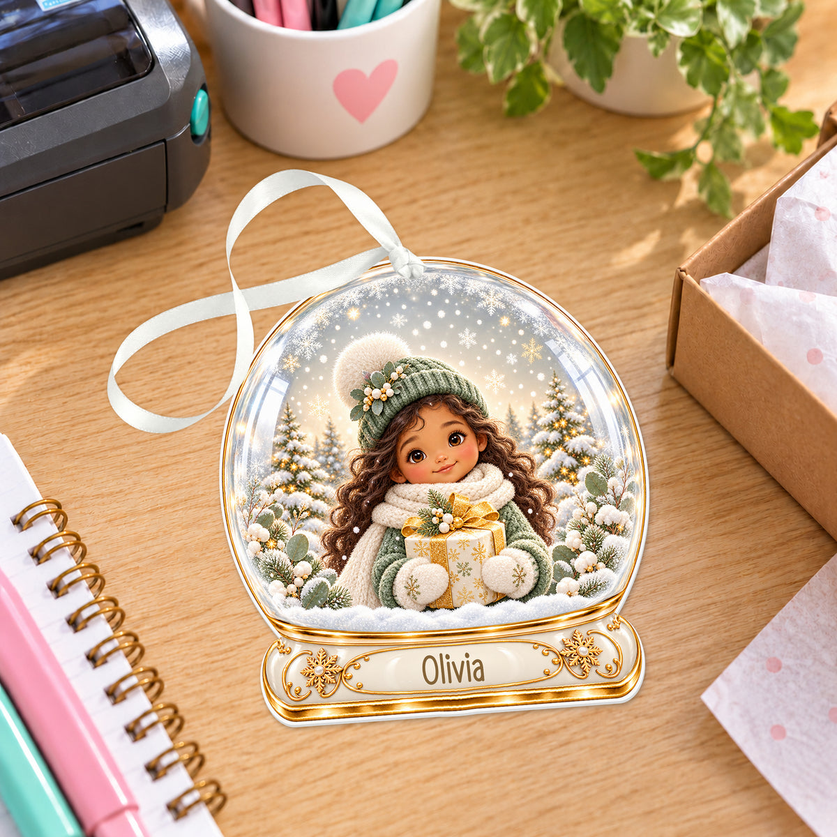 Personalised sage winter girl snow globe bauble with name, white acrylic Christmas decoration with ribbon, shown on a desk