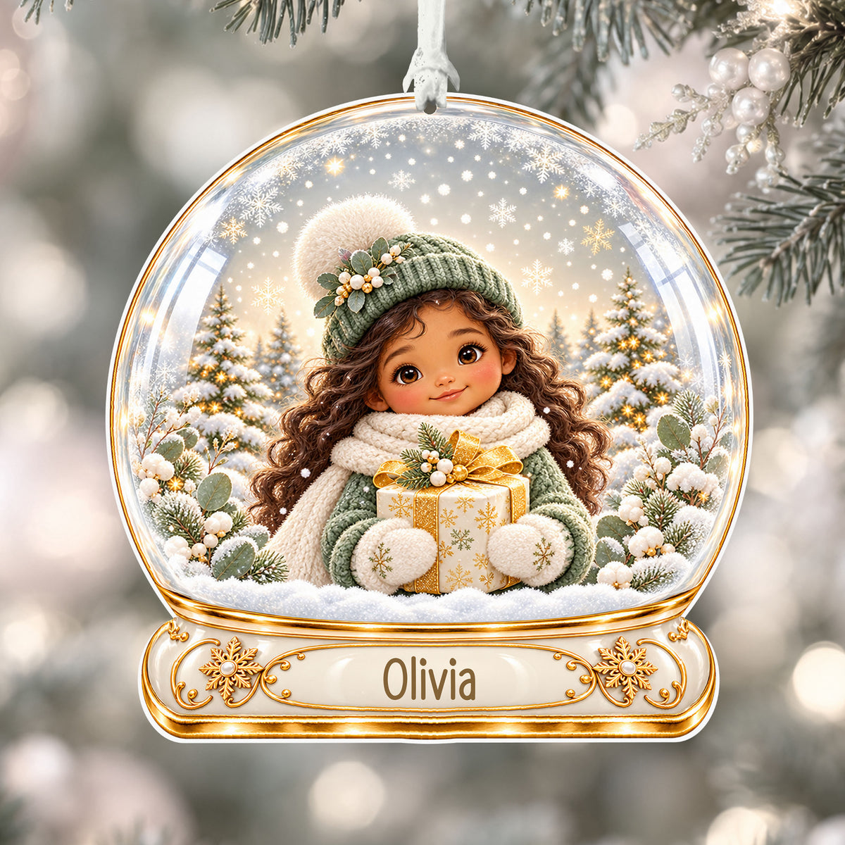 Personalised sage winter girl acrylic snow globe Christmas bauble with custom name, hanging on a Christmas tree with white ribbon