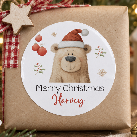 Personalised Santa Bear Christmas Stickers – Cuddly Glossy 5cm Gift Labels, Custom Name