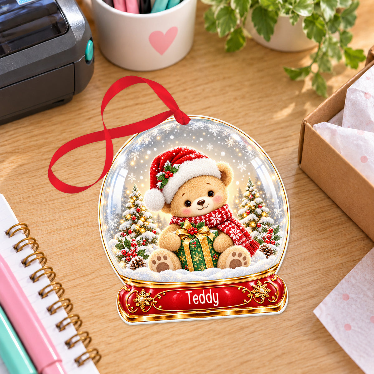 Personalised Santa hat teddy snow globe bauble with name, white acrylic Christmas decoration with ribbon, shown on a desk
