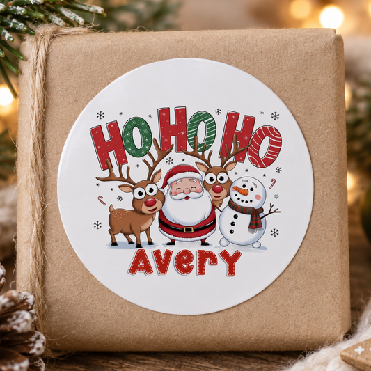 Personalised Santa 'Ho Ho Ho' Christmas Stickers – Round Glossy Labels, Custom Name