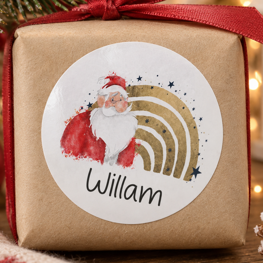 Personalised Santa Rainbow Christmas Stickers – Colourful White Gloss 5cm Round Gift Labels, Custom Name