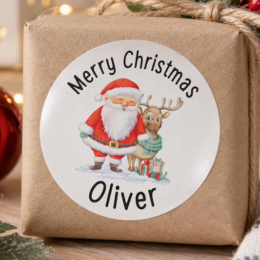Personalised Santa & Reindeer Christmas Stickers – Classic White Gloss Labels, Custom Name