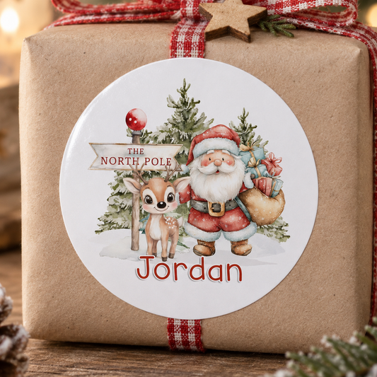Personalised Santa & Reindeer Christmas Stickers – Festive Glossy White Gift Labels, Custom Name
