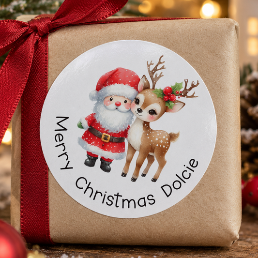 Personalised Santa & Reindeer Xmas Stickers – Festive White Gloss Labels, Custom Name