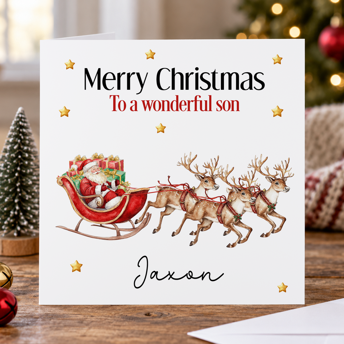 Personalised Santa's Sleigh Christmas Card, Any Name & Relation, 6x6 Inch