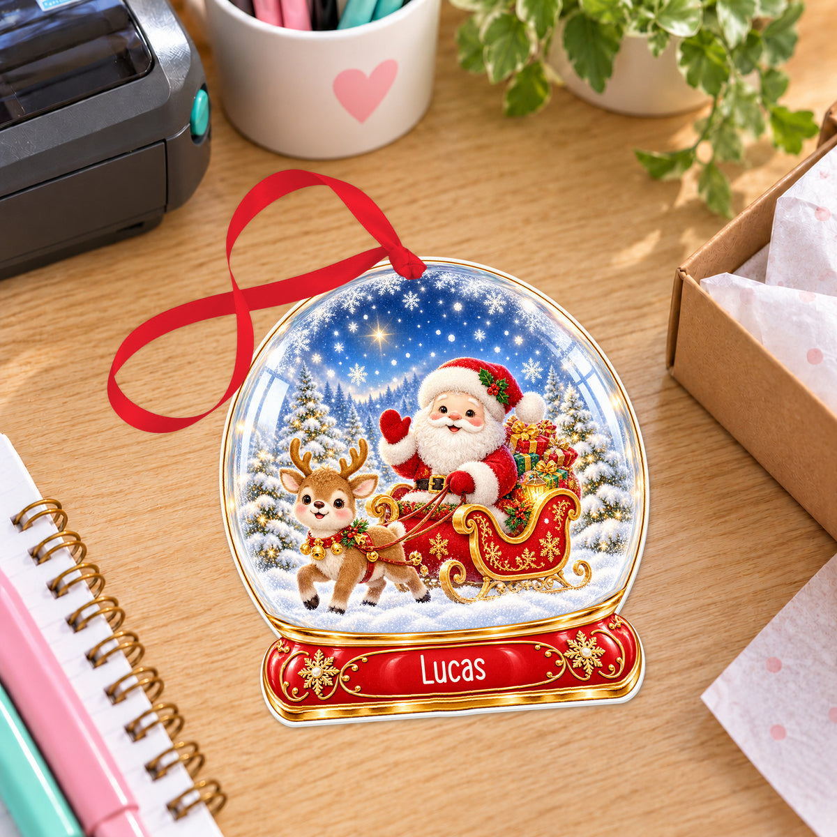 Personalised Santa sleigh snow globe bauble with name, white acrylic Christmas decoration with ribbon, shown on a desk