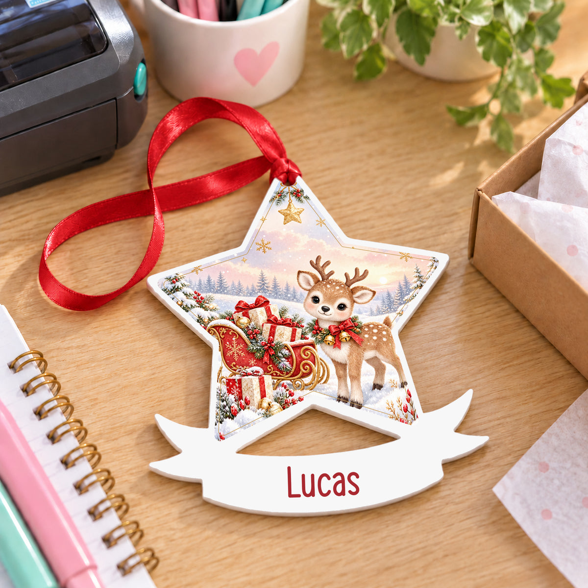 Personalised Santa sleigh white acrylic star bauble with name, 10cm Christmas decoration with ribbon, shown on a desk