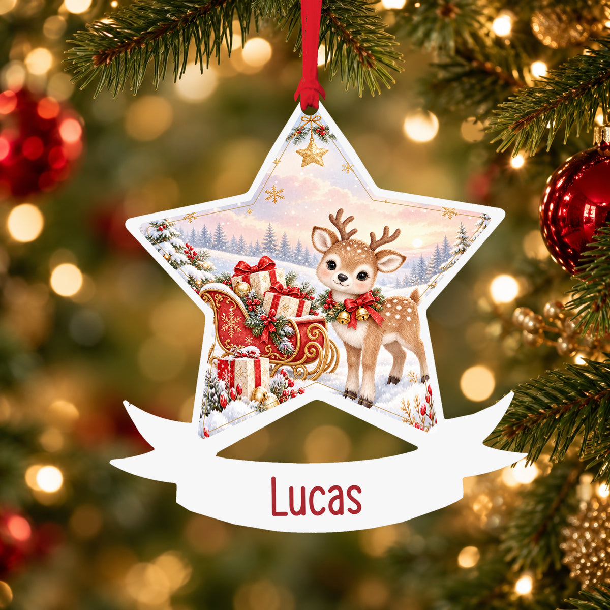 Personalised Santa sleigh acrylic star Christmas bauble with custom name, hanging on a Christmas tree with red ribbon