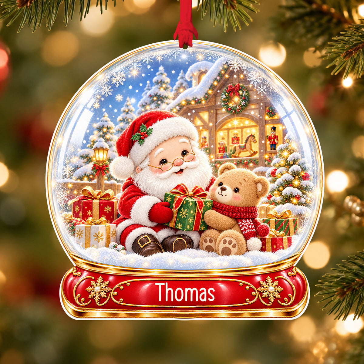 Personalised Santa's workshop acrylic snow globe Christmas bauble with custom name, hanging on a Christmas tree with red ribbon