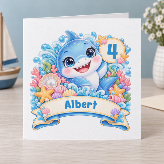 Personalised Shark Birthday Card, Any Age & Name, 6x6 Inch