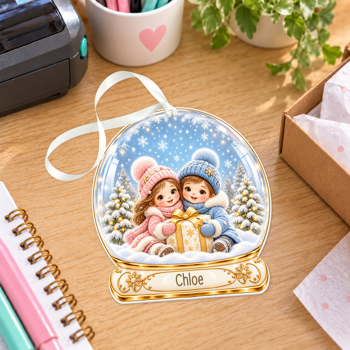 Personalised siblings with presents snow globe bauble with name, white acrylic Christmas decoration with ribbon, shown on a desk