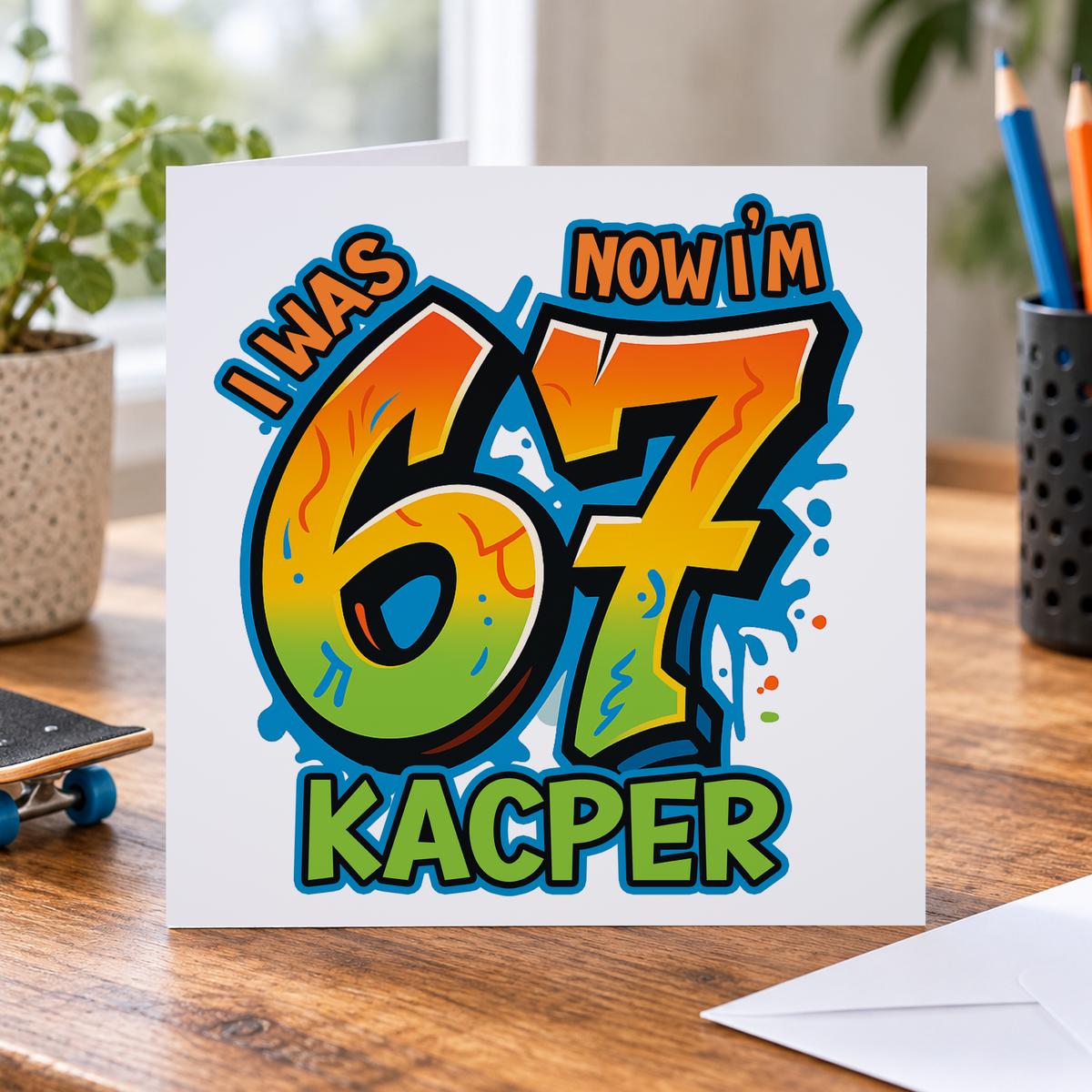 Personalised Six Seven 7th Birthday Card, Graffiti, Any Name, 6x6 Inch