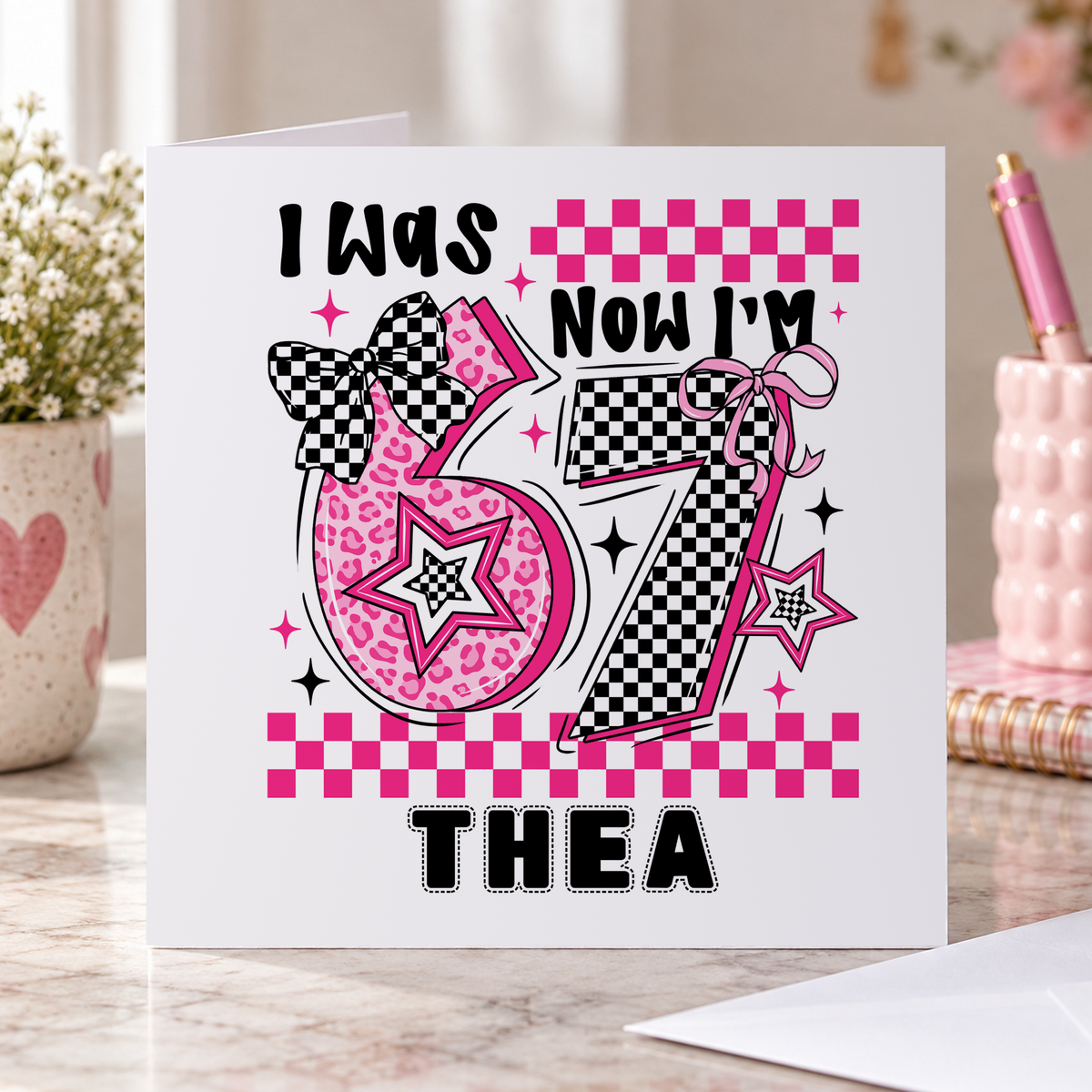 Personalised Six Seven 7th Birthday Card, Pink and Black, Any Name, 6x6 Inch
