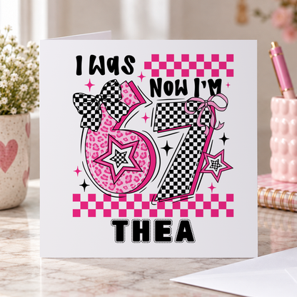 Personalised Six Seven 7th Birthday Card, Pink and Black, Any Name, 6x6 Inch