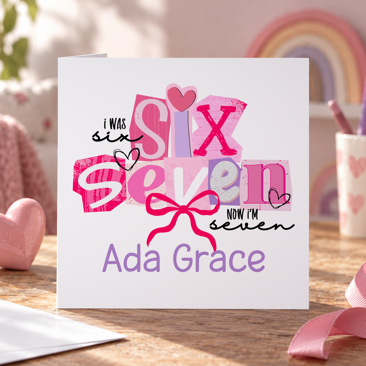 Personalised Six Seven 7th Birthday Card, Pink, Any Name, 6x6 Inch