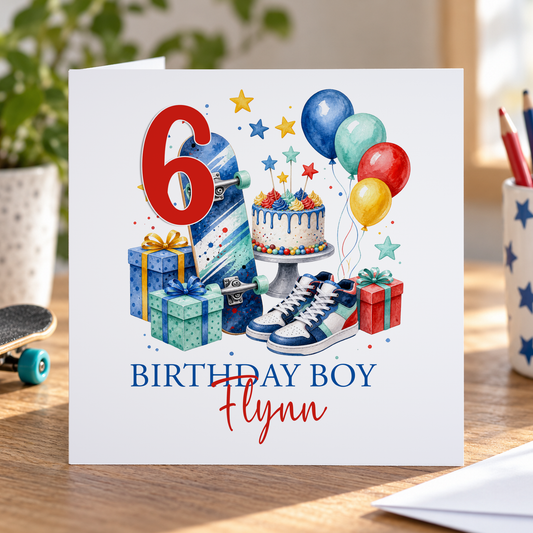 Personalised Skateboard Birthday Card, Any Age & Name, 6x6 Inch